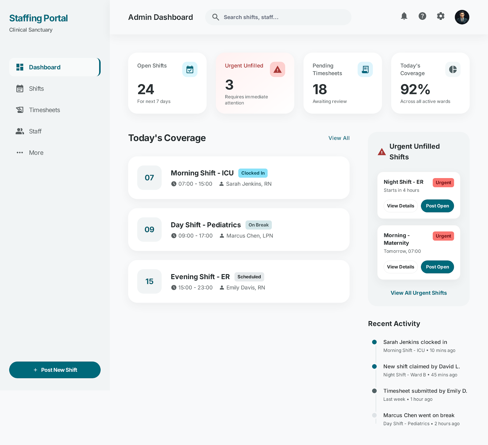 ClariaShift healthcare scheduling dashboard showing color-coded shift grid with staff profiles